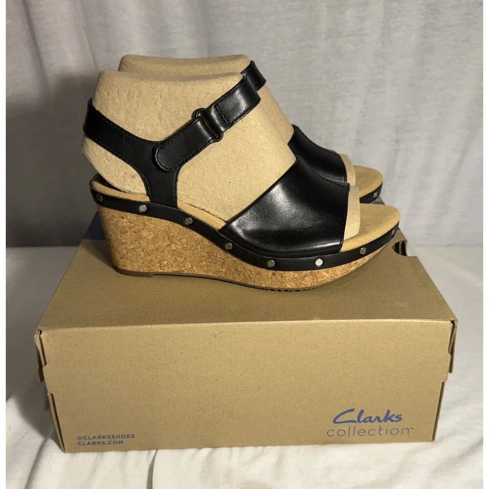 NEW NIB CLARKS Annadel Clover Wedge Sandal Size 7 WIDE Black Leather Shoes Women